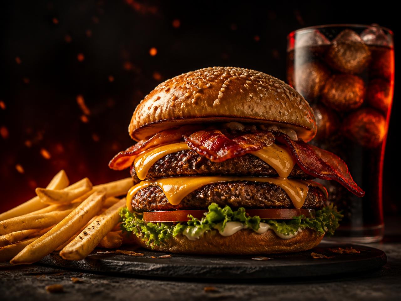 Hambúrguer artesanal com bacon, queijo cheddar e batatas fritas